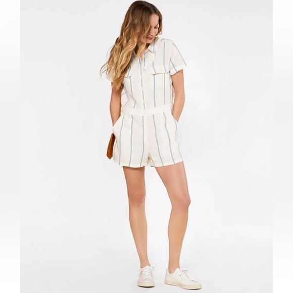 Outerknown S.E.A. Suit Shortall Linen Blend Sailing Stripe Blue - Picture 2 of 7